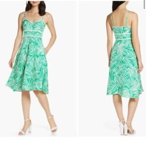 Eliza J Palm print fit & flare dress Linen blend feminine Sz 0 boho chic summer